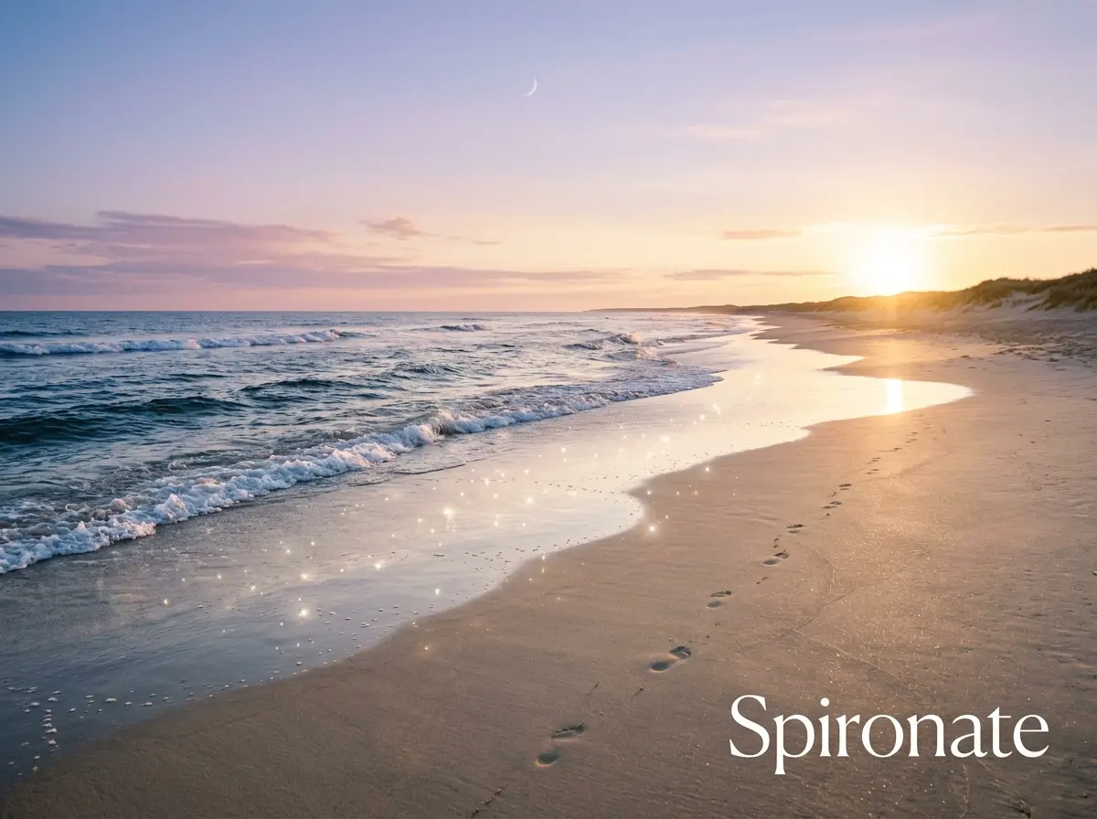Beach dream meaning with calm ocean at sunrise, footprints in sand, and Spironate branding
