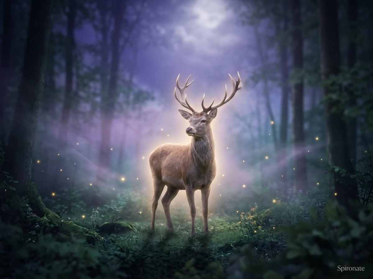 Deer dream meaning with gentle deer in moonlit forest and Spironate branding