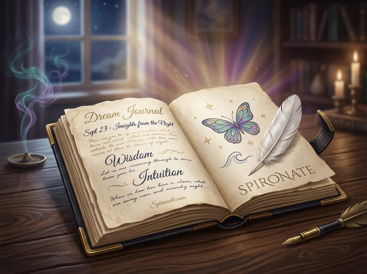 Spironate spiritual dream symbols with moonlit journal, white owl, ocean waves, and soft purple light