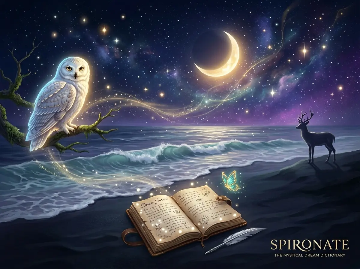 Spironate dream dictionary with moonlit ocean, symbolic animals, stars, and spiritual dream signs