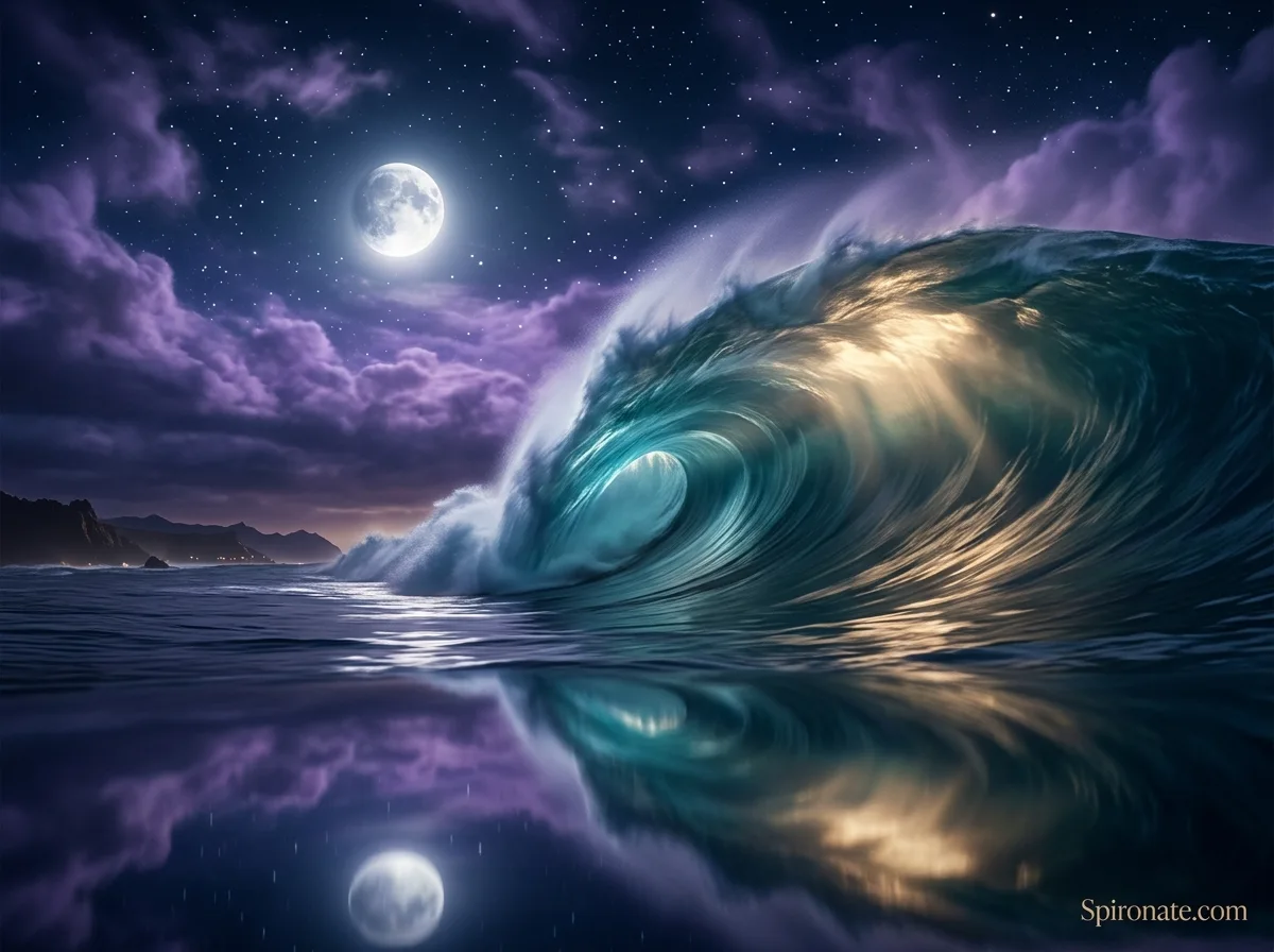 Tsunami dream meaning with symbolic wave under moonlight and Spironate branding