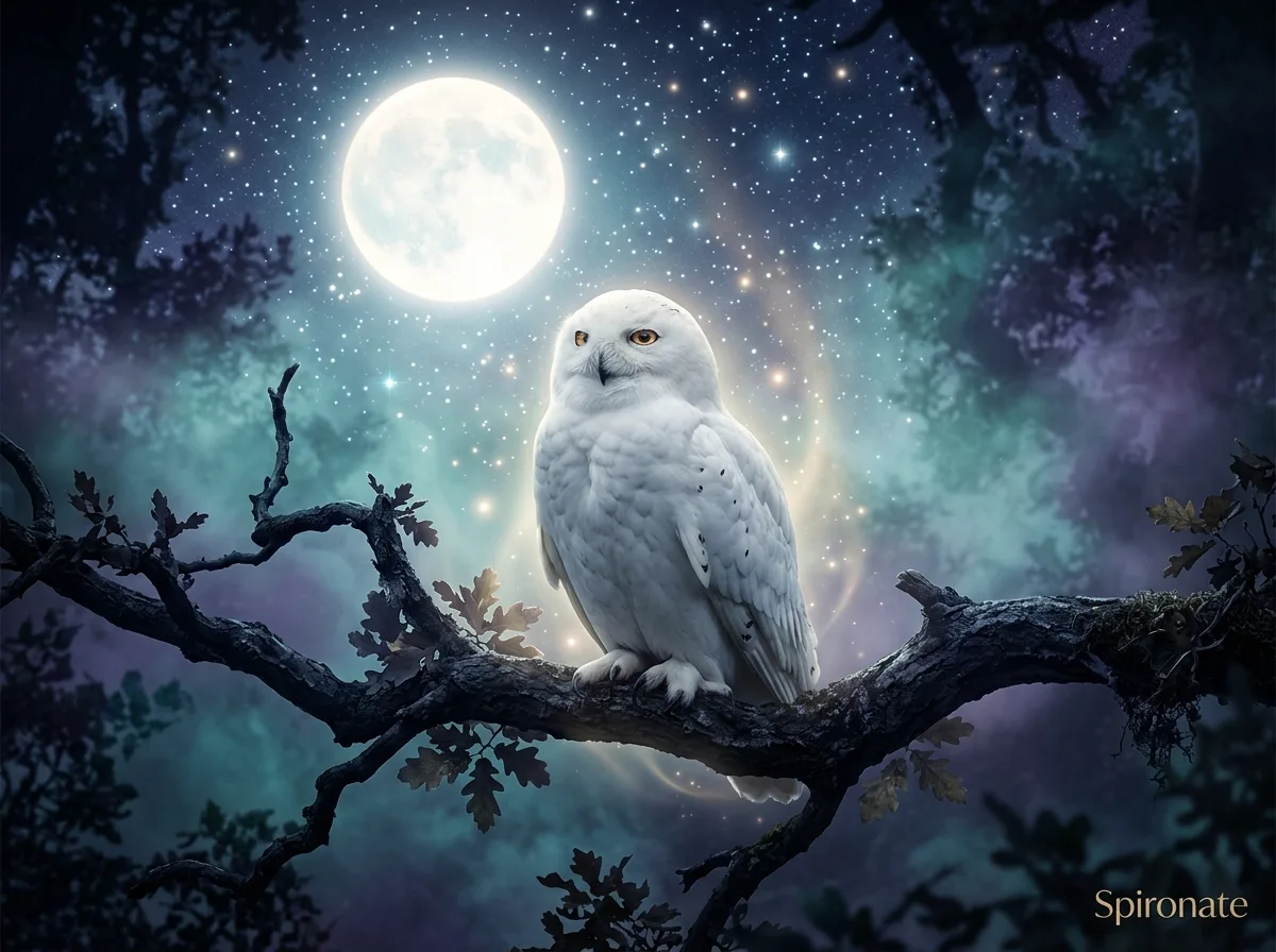 White owl dream meaning with owl on branch, moonlight, stars, and Spironate branding